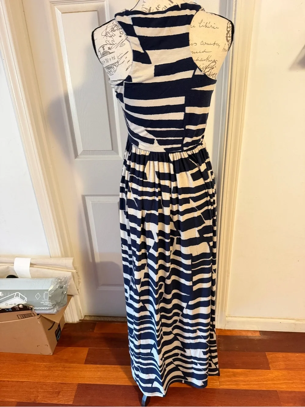 Anthropologie Navy and White Geometric Stripe Maxi Dress